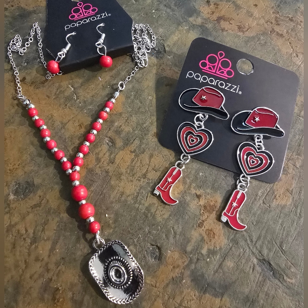 Paparazzi Red and Silver Accessory Set with Intricate Design